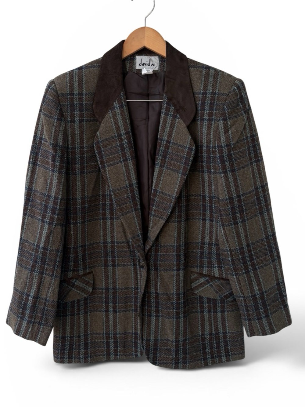 Vintage David N Wool Plaid Blazer Jacket Suede Collar Brown Blue Women’s Size 8